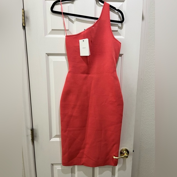 A.L.C. Colby Asymmetric One Shoulder Stretch Knit Bodycon Midi Dress Coral NWT - Picture 2 of 6